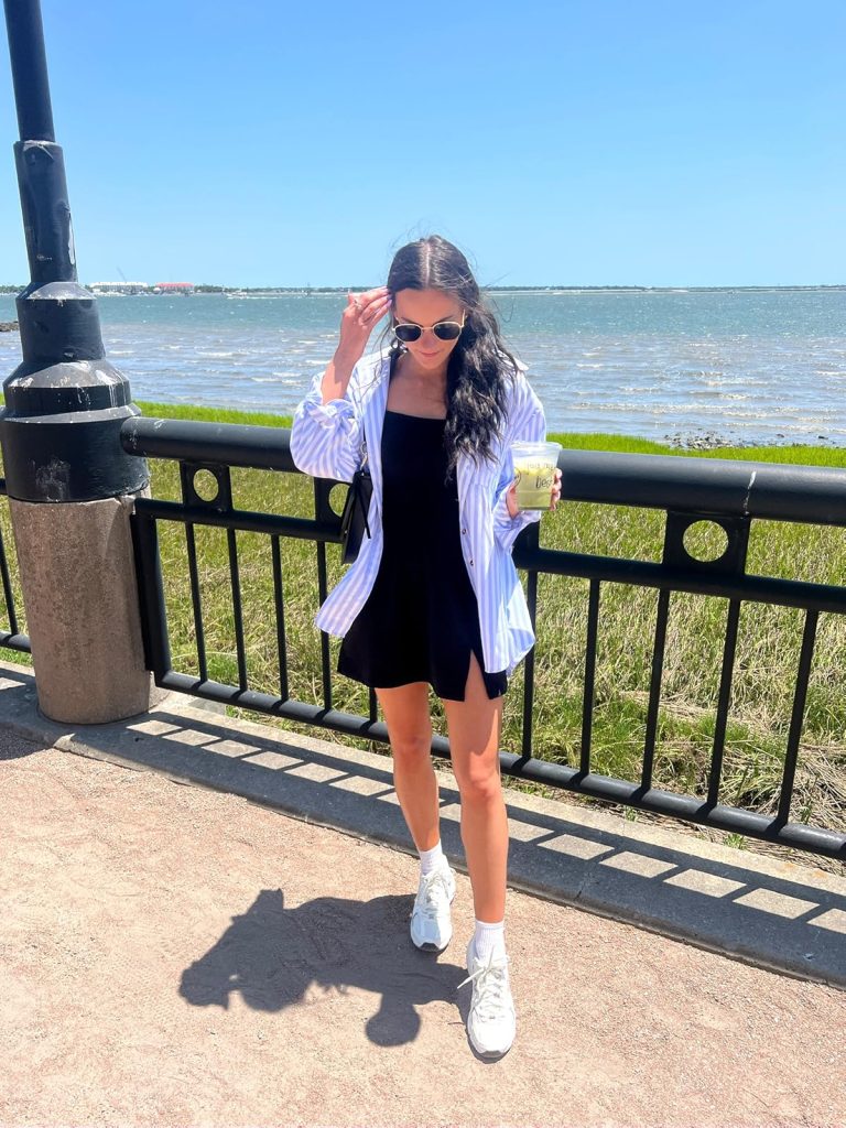 Square-Neck Tennis Dress and Striped Button-Down