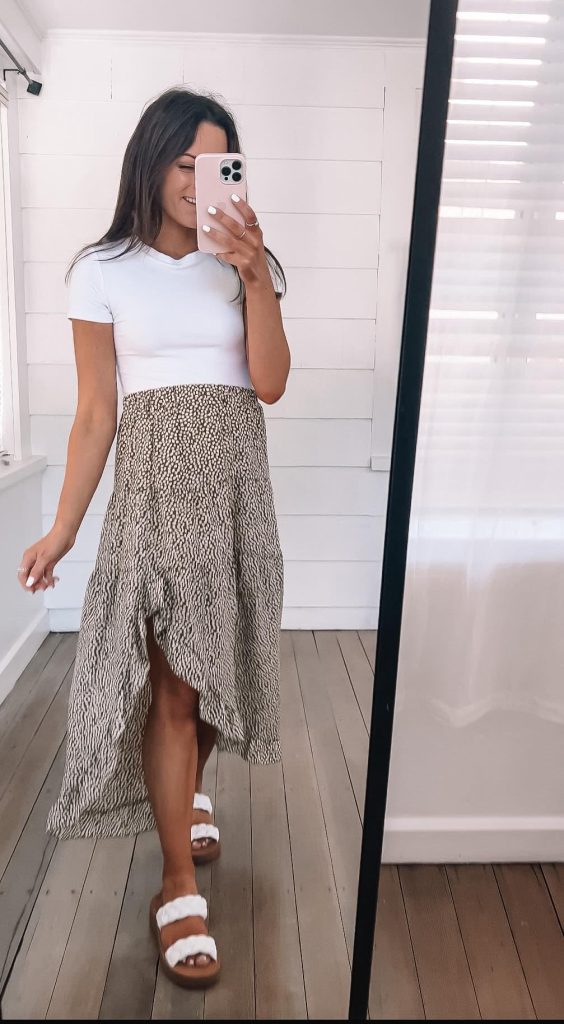 boho printed skirt with a white short-sleeve and sandals