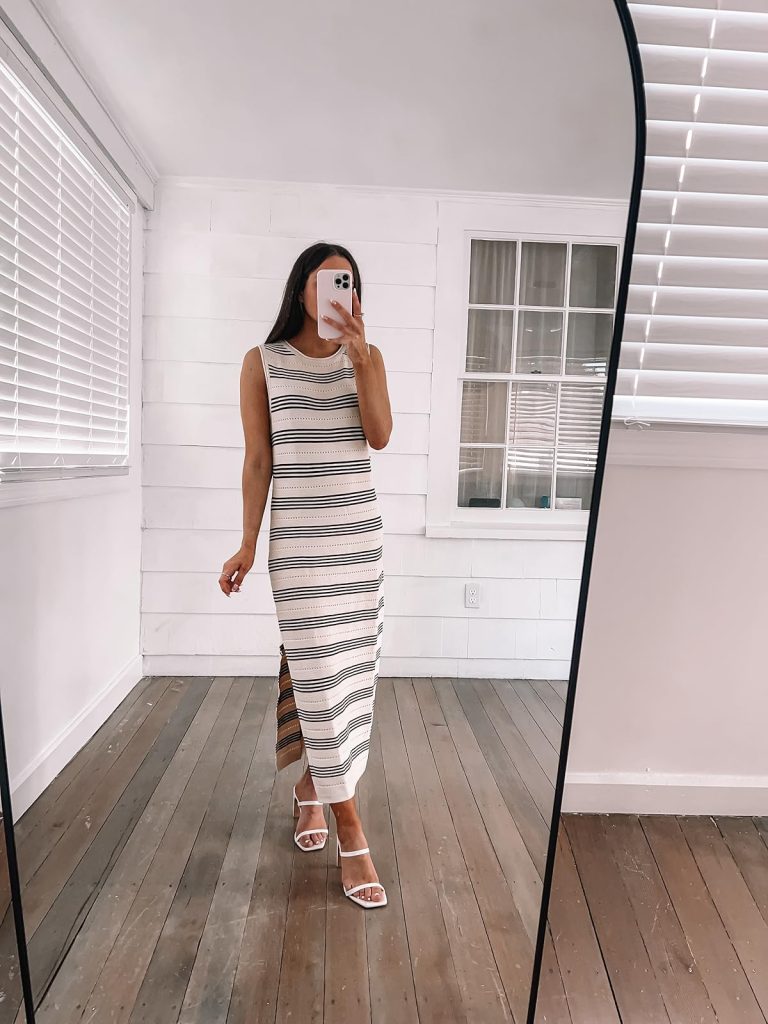 cream and black knit sleeveless dress for summer work outfits