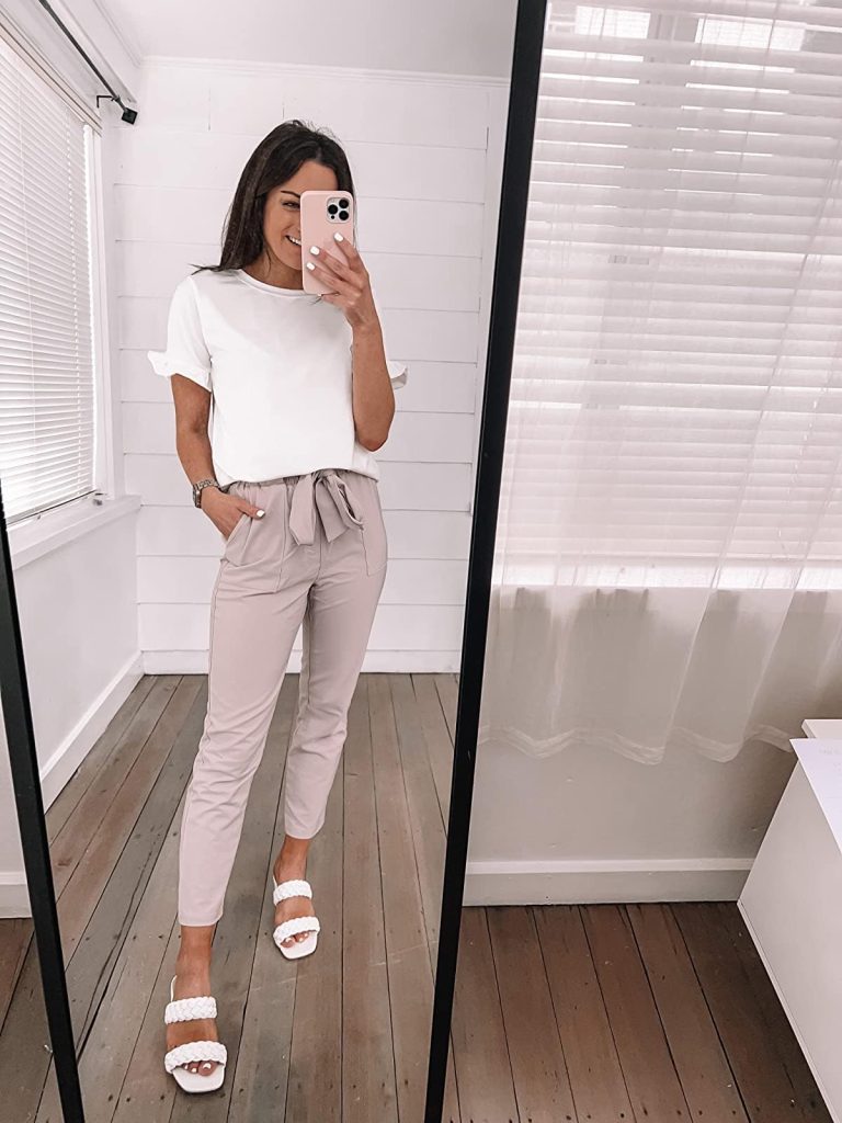 white short-sleeve ruffle tee and cropped paper pants 