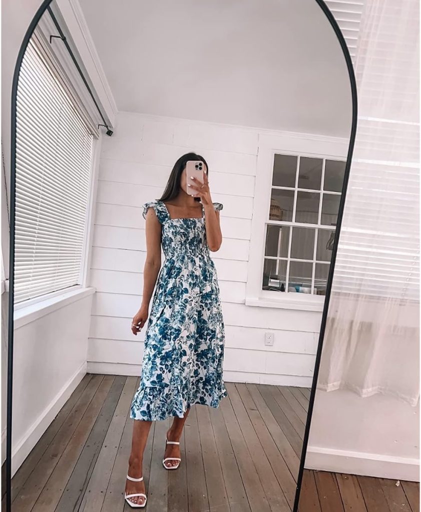 blue and white floral print sundress