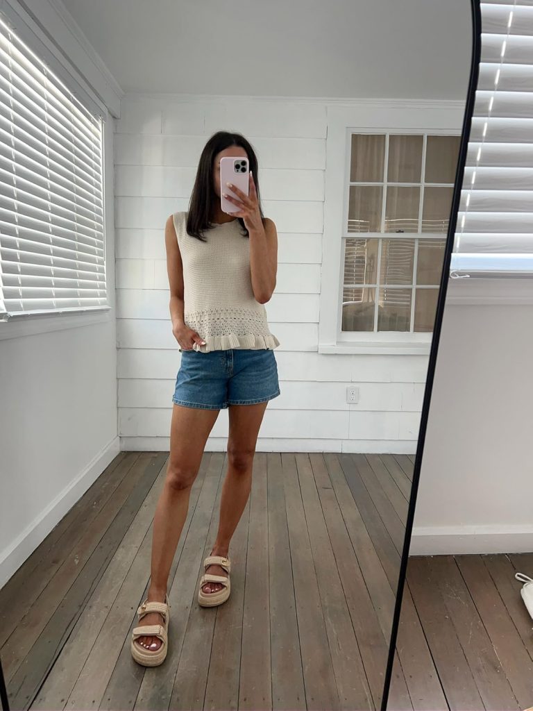 Cream-colored Crochet Ruffle Tank and Denim Shorts with platform sandals