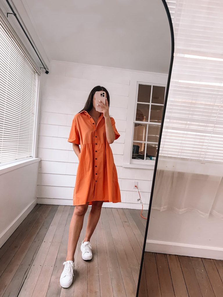 orange short-sleeve button down dress for casual summer work outfits