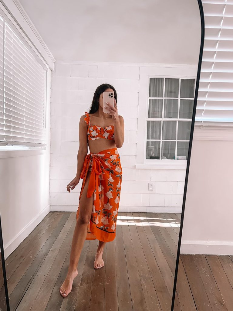 Three-Piece Floral Swimsuit three-piece orange floral swimsuit to wear to the beach