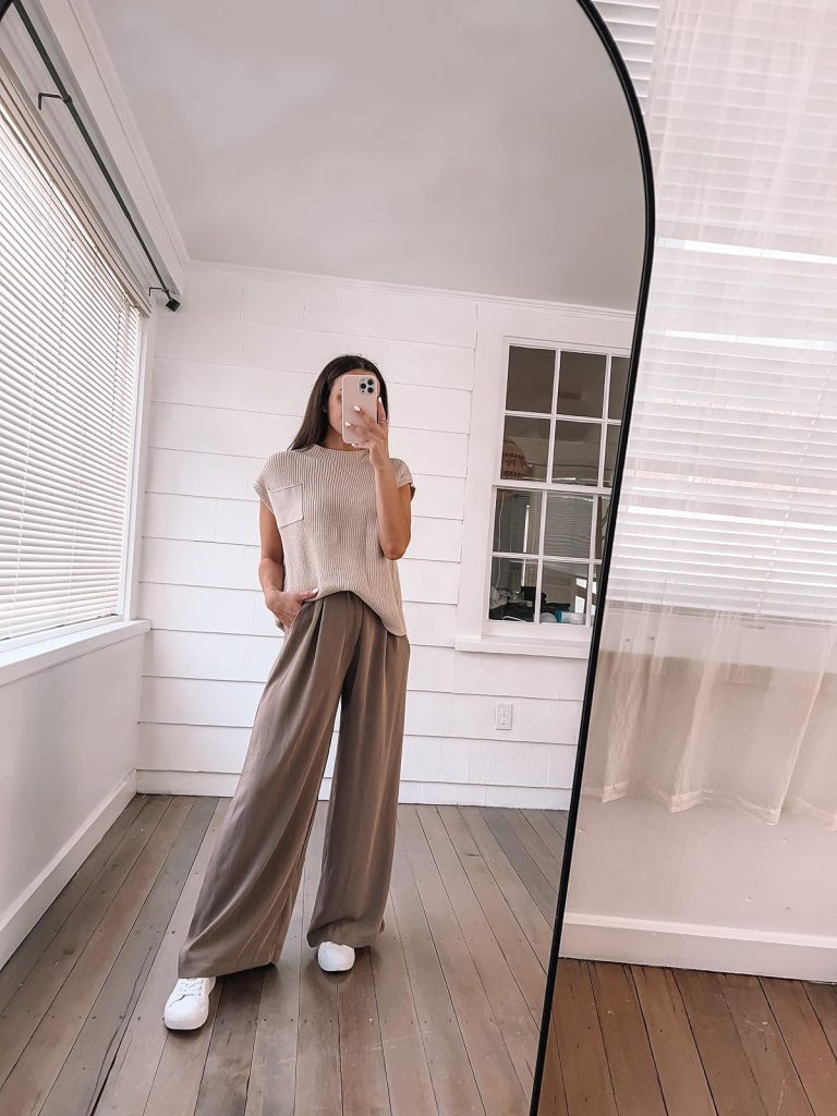 monochrome neutral Mock Neck Knit Vest and Palazzo Pants for casual summer work outfits