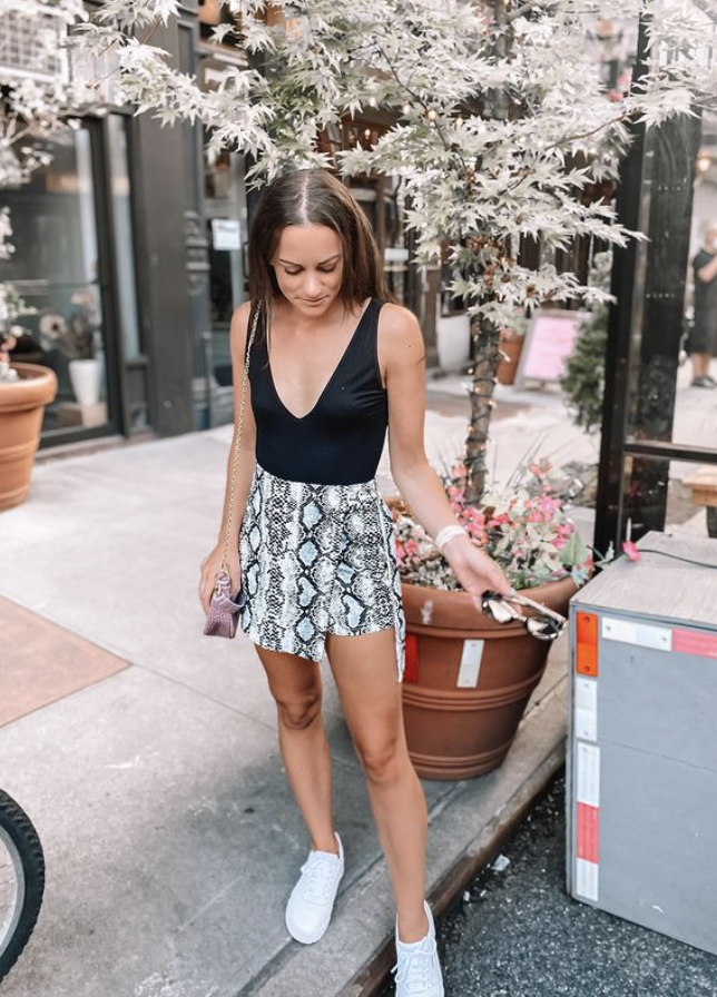 Outfit for Loreley Beer Garden in NYC - black tank top with snake print skirt and white sneakers