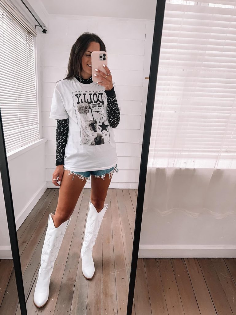Nashville Outfits from Amazon: Graphic "Dolly" Tee, rhinestone bodysuit, denim shorts, and white knee-high boots