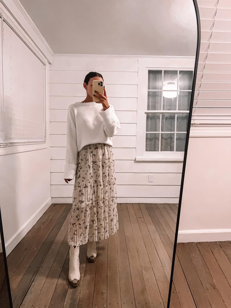 Nashville Outfits from Amazon: Cozy cream-colored sweater, floral boho maxi skirt, and white cowboy boots
