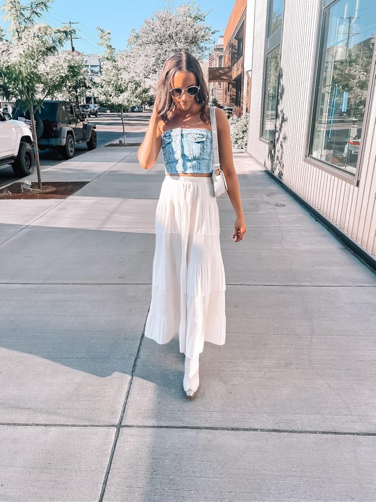Nashville outfits from Amazon: denim strapless top with a flowy white chiffon skirt