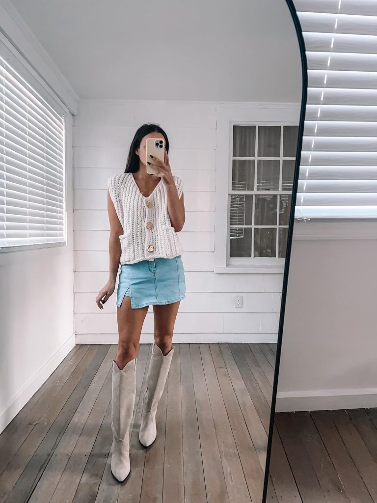 Nashville Outfits from Amazon: Crochet button-up vest, denim skort, and knee high boots