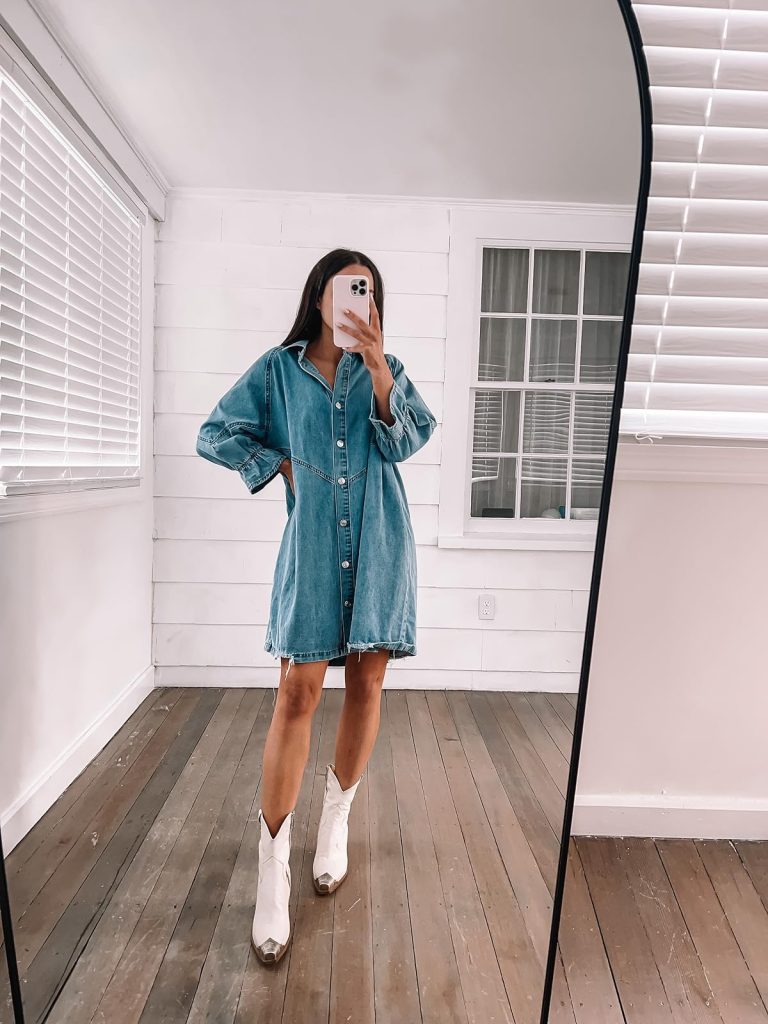 Smocked button down denim dress with white cowboy boots
