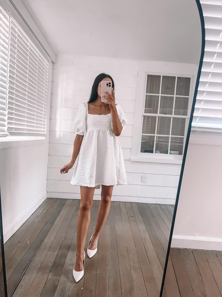 Square Neckline Mini Dress Bridal Outfits from Amazon: Square Neckline Mini Dress with White Heels