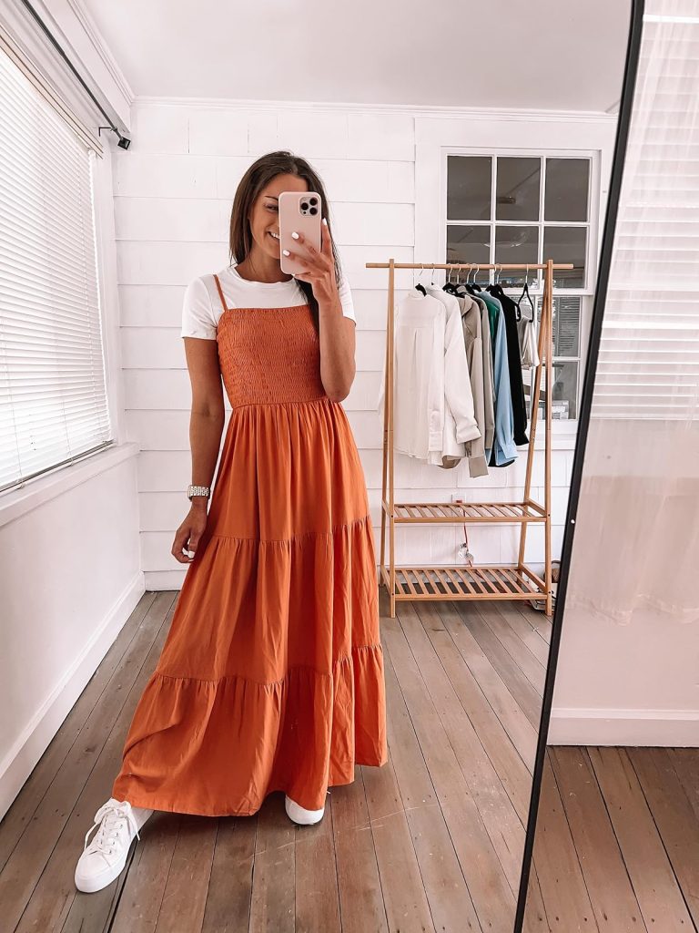 orange maxi dress with white short-sleeve bodysuit, perfect teacher outfits for spring