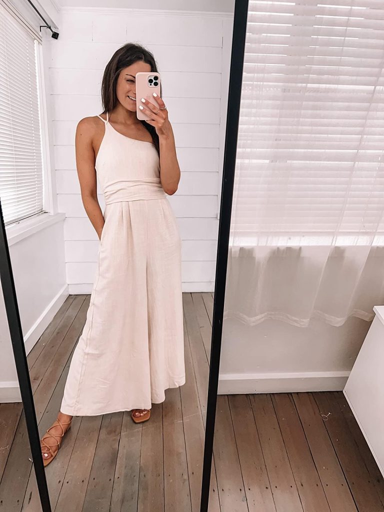 Cream-Colored High-Waisted Linen Jumpsuit