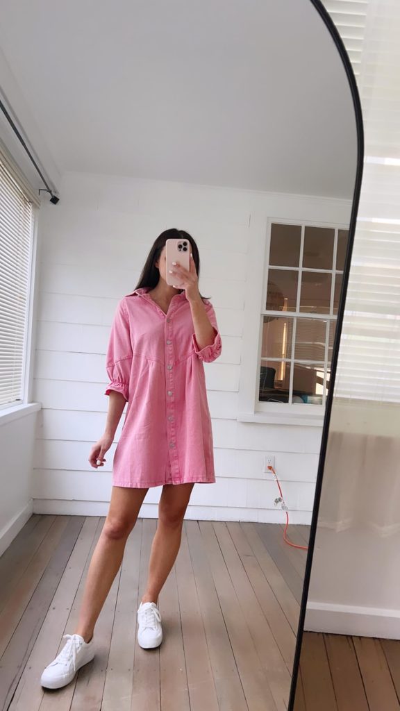 pink denim shirt dress Teacher Outfits