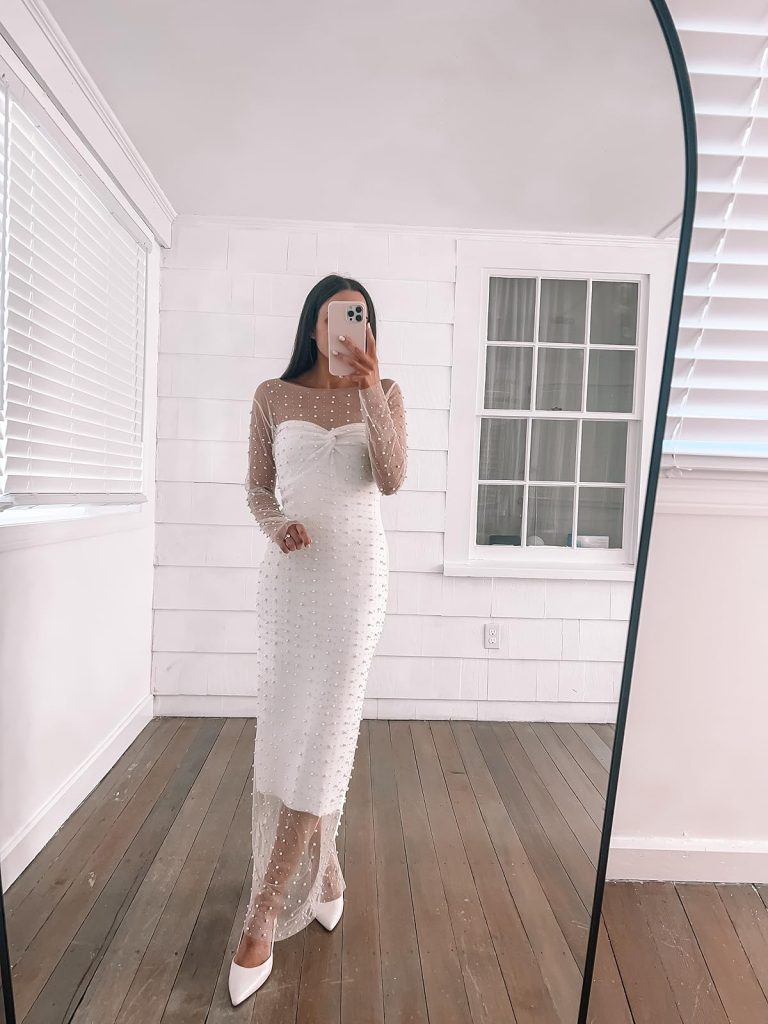 Knitted Bodycon Dress Knitted Bodycon Dress with Rhinestone Overlay and White Heels