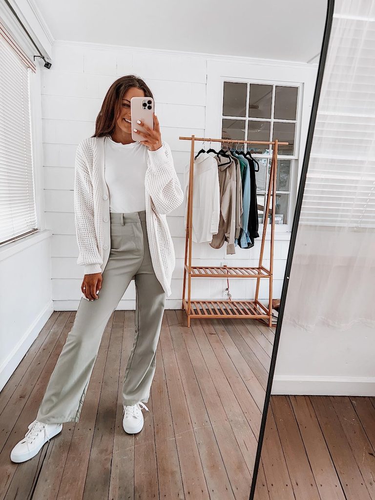 Cardigan Sweater, High-Waisted Pants, and Short-Sleeve Bodysuit