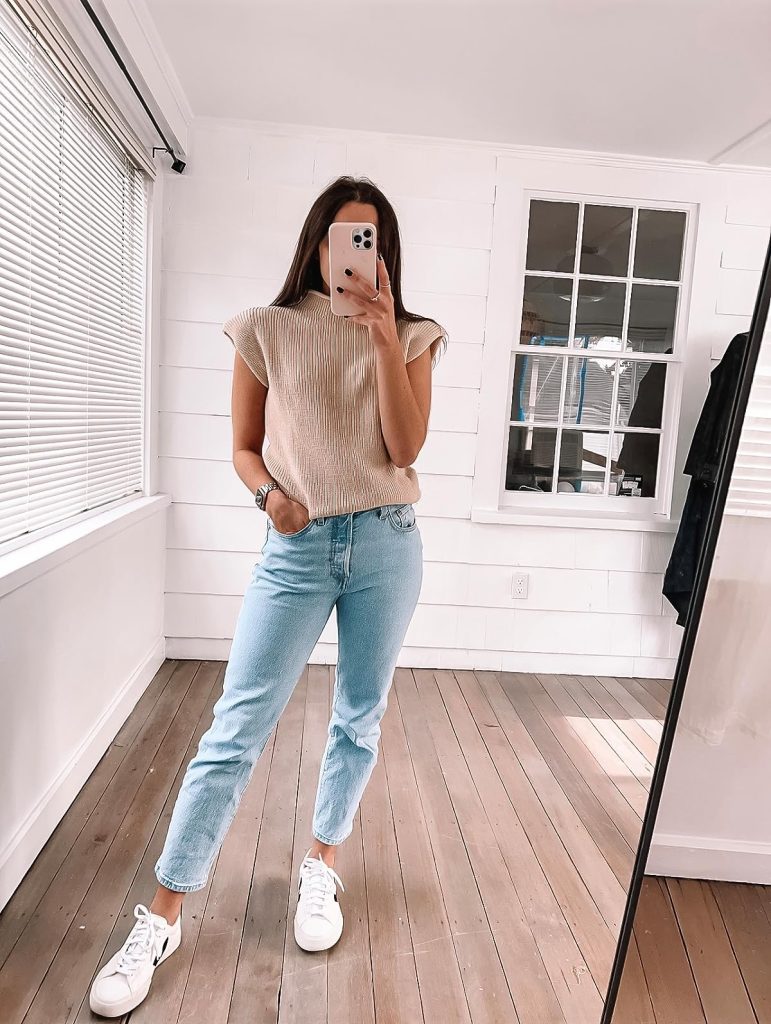 Mock Neck Cap-Sleeve Sweater and Crop Jeans