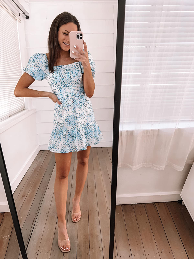 White and Blue Puffy Sleeve Short Floral Dress