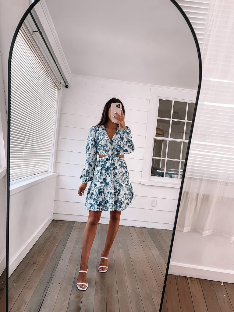 Easter Dresses from Amazon: Blue and white floral cut-out sateen dress