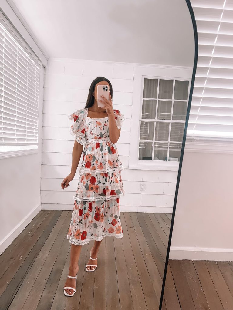 Easter dress from amazon: white dress with ruffles and red and orange flowers