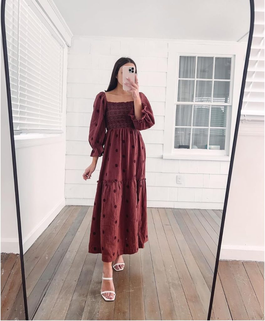 Easter Dresses from Amazon: Burgundy puff sleeve maxi dress
