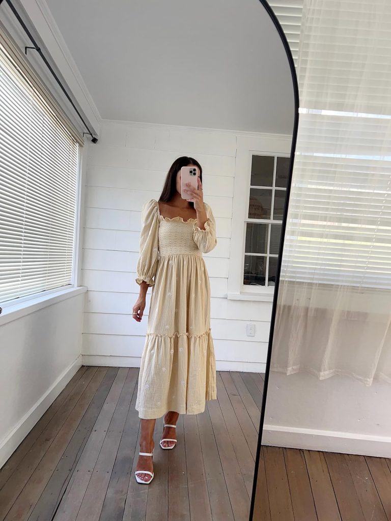 Light Yellow Embroidered Floral Smock Dress