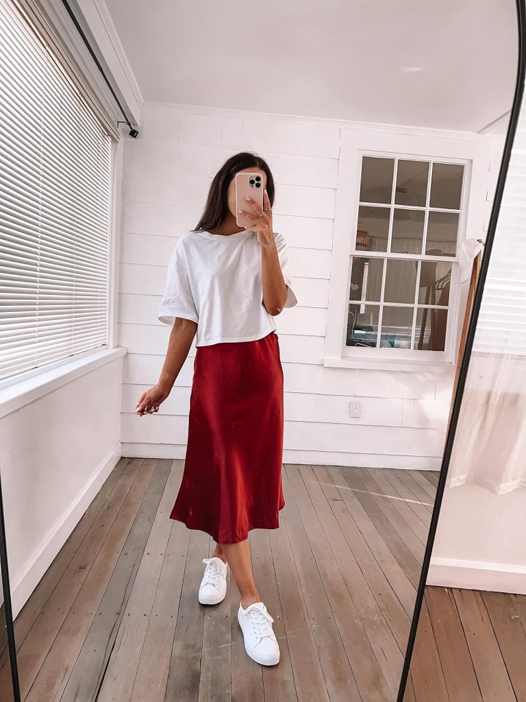 Satin Midi Skirt with Cropped Tee Satin Midi Skirt with Cropped Tee
