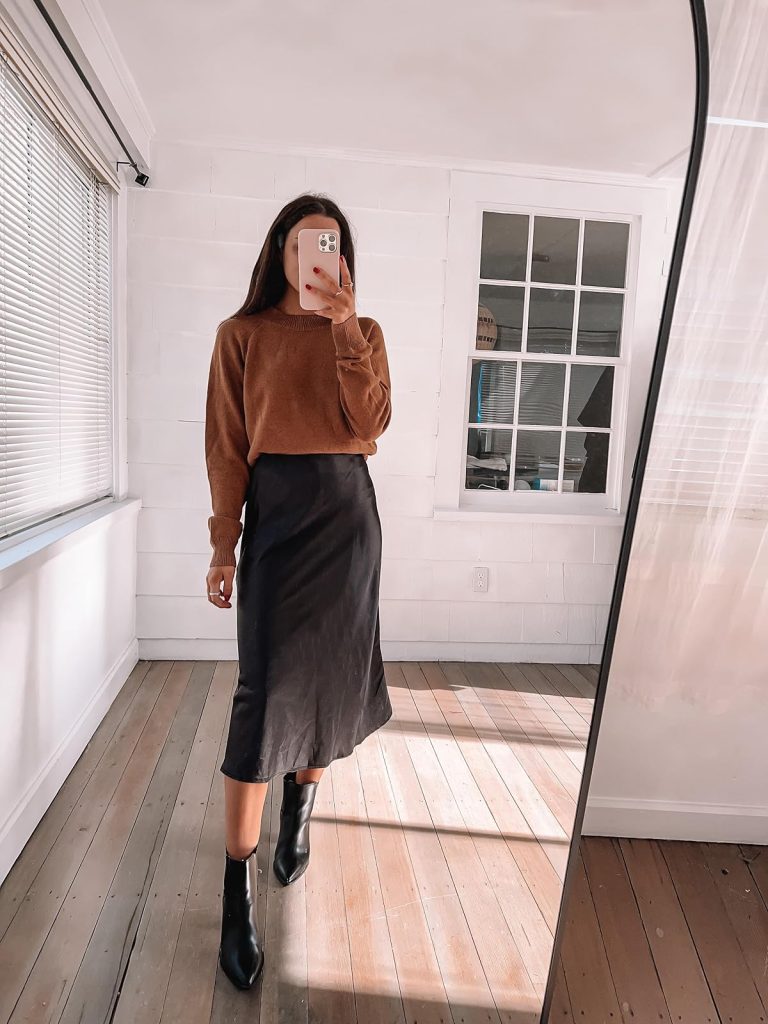 Black Satin Midi Skirt with Mock Neck Sweater Black Satin Midi Skirt with Mock Neck Sweater