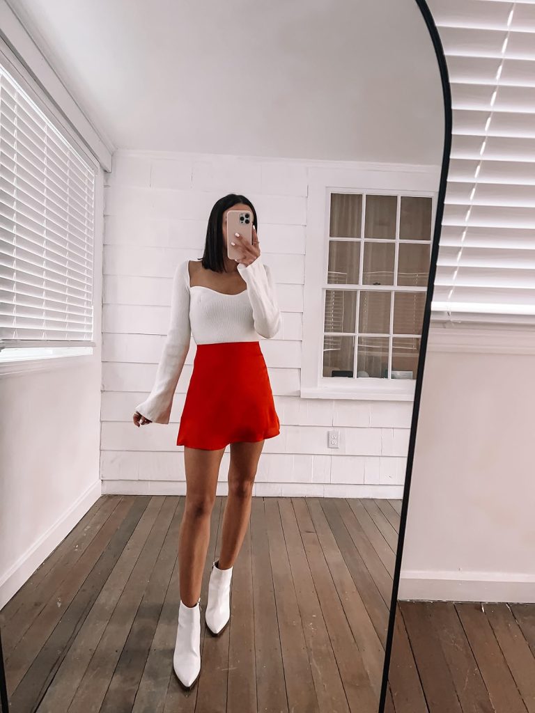 Red Satin Mini Skirt with Sweetheart Sweater Red Satin Mini Skirt with Sweetheart Sweater