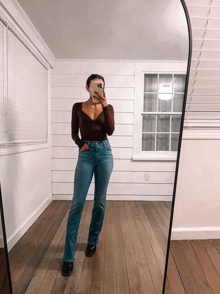 double-lined V-neck crop top and jeans