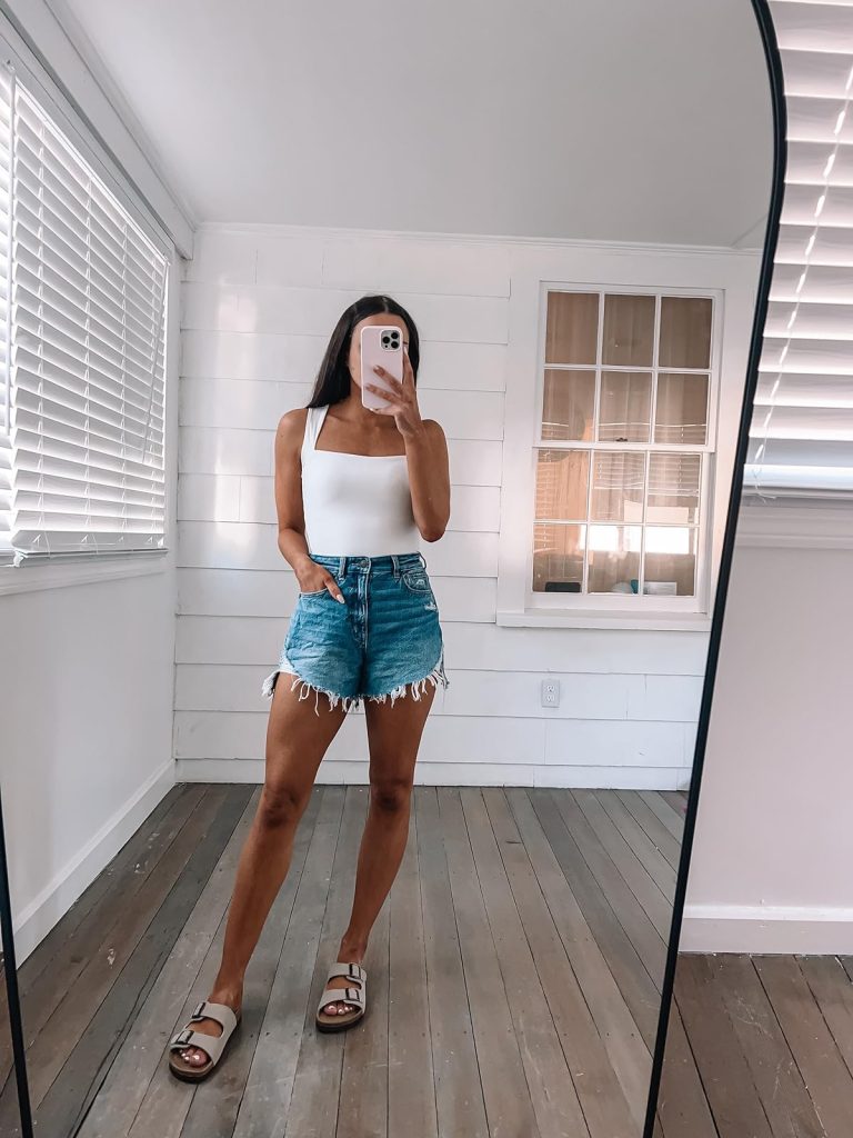 Square Neck Tank and Ripped Shorts