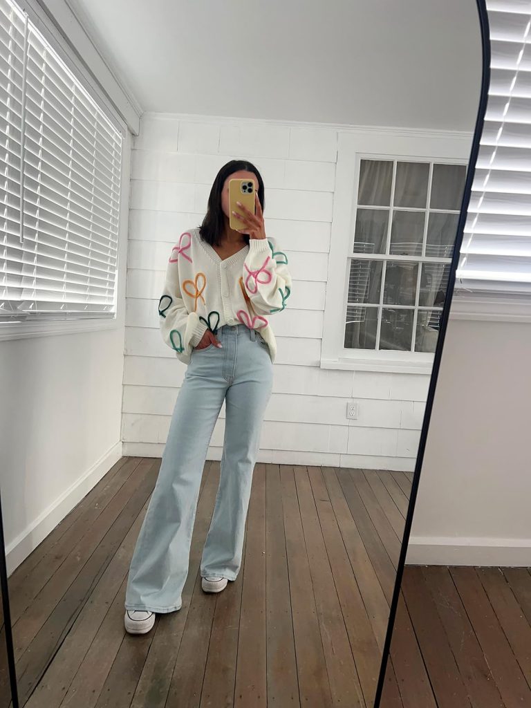 Bow Cardigan and Bell Bottom Jeans
