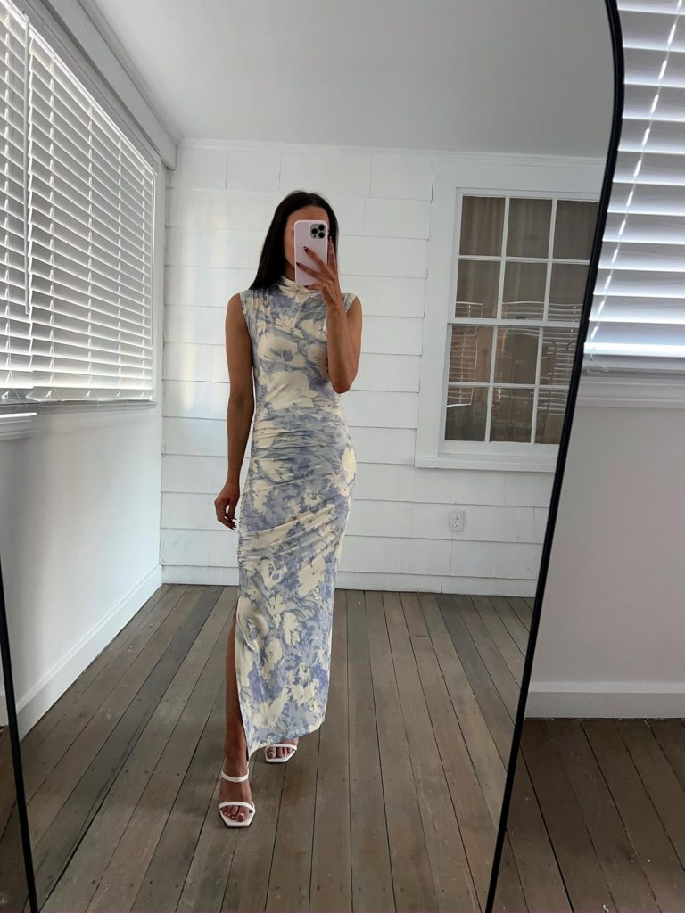 Mock Neck Floral Print Midi Dress Baby Shower Guest Outfits