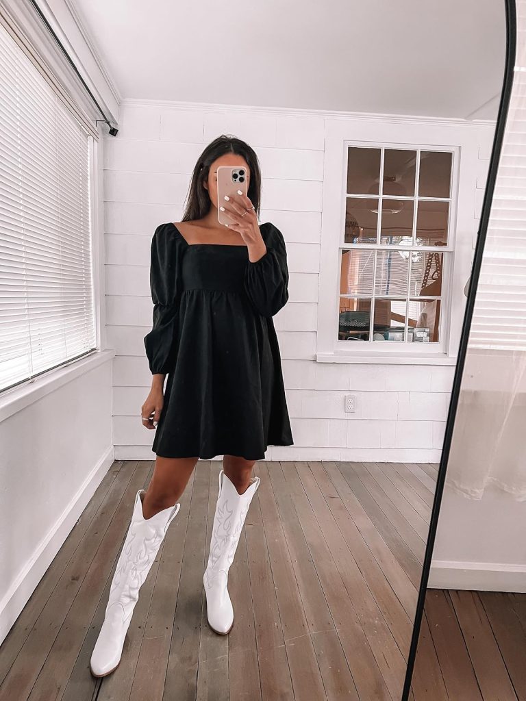 chic puff sleeve dress and western boots
