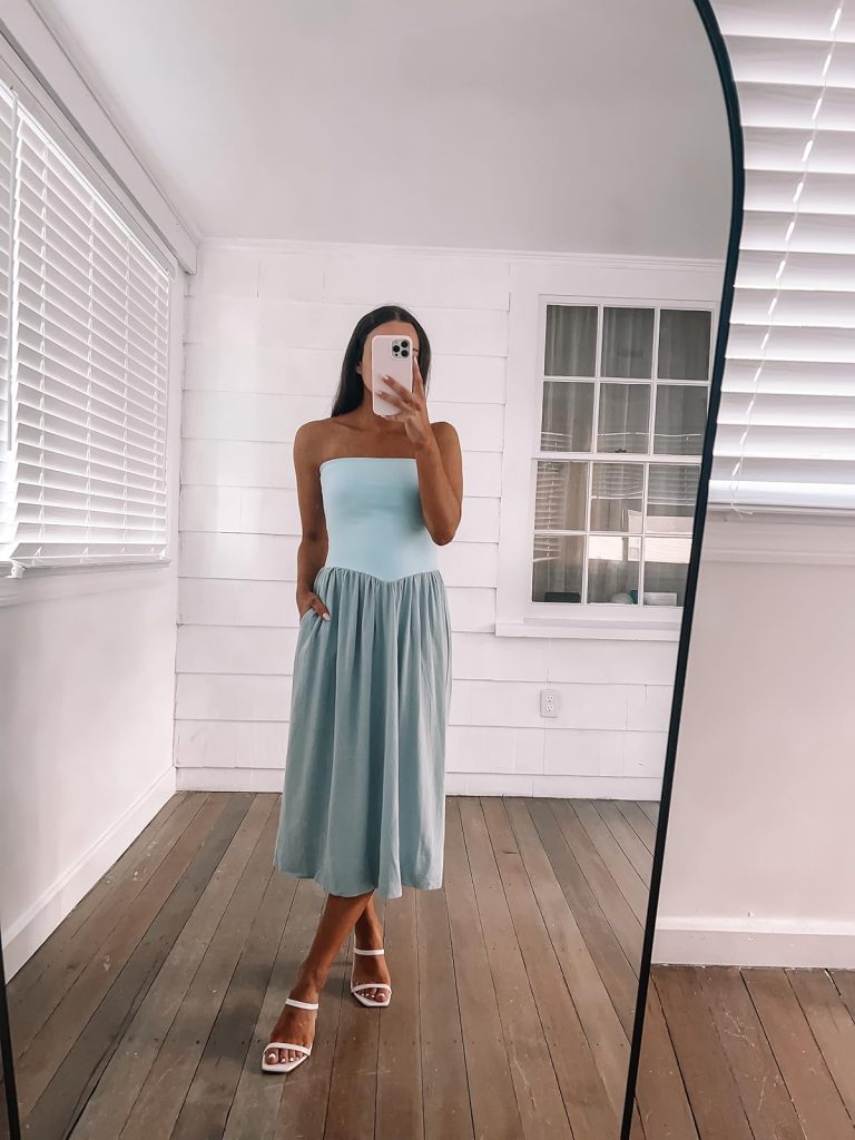 Strapless Midi Dress with Heels