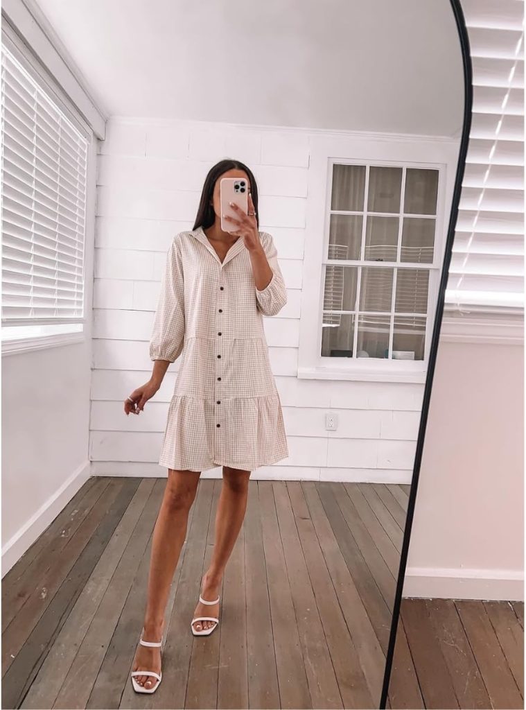 cream-colored flowy shirt dress with simple heels