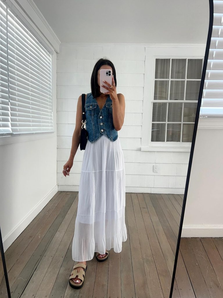 White Maxi Skirt with denim vest