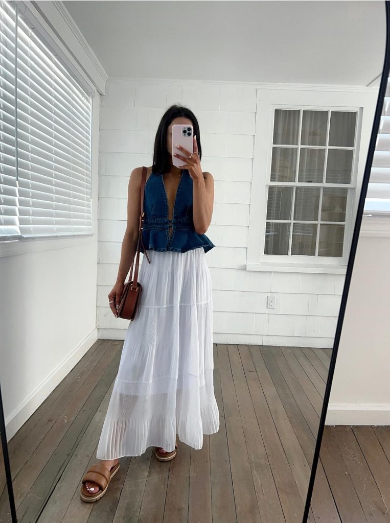 Chiffon Maxi Skirt and Denim Halter Tank Top