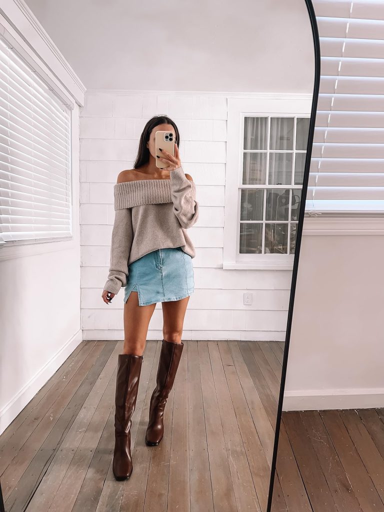 Off-Shoulder Sweater with Knee-High Boots Off-Shoulder Sweater with Knee-High Boots