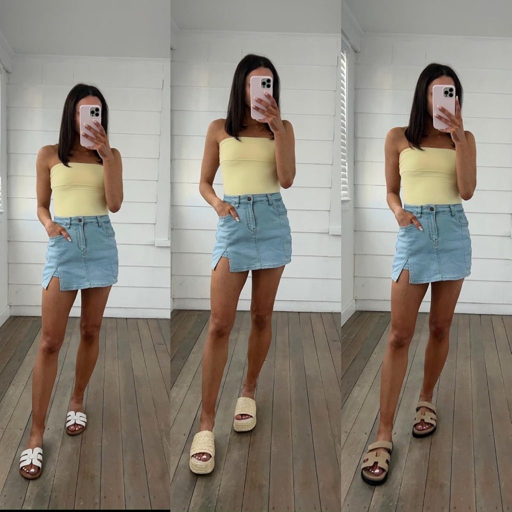 Tube Top and Light Wash Skort Tube Top Jean Skirt Outfits