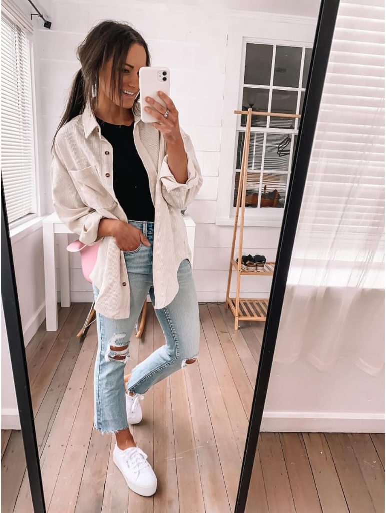 Corduroy Button Down Shirt and Ripped Crop Jeans