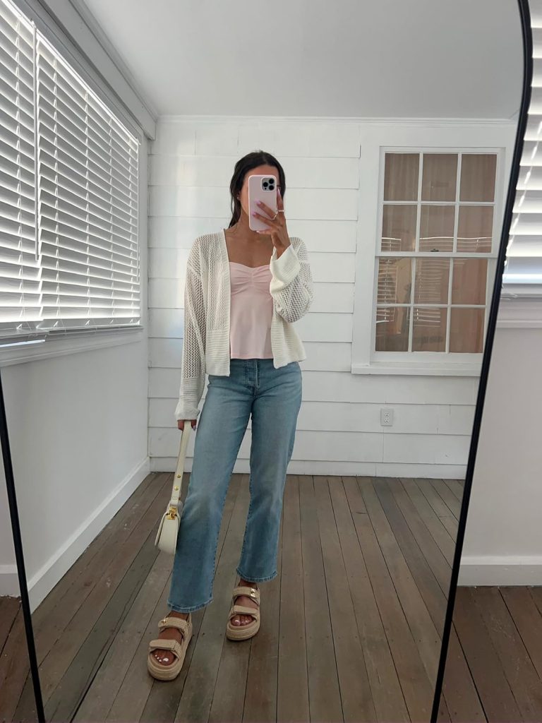 Knit Cardigan with Straight Ankle Jeans