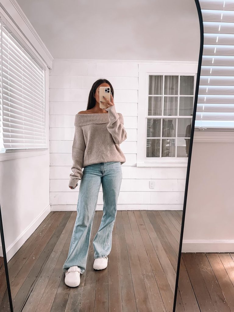 Off-Shoulder Sweater and Light Wash Jeans