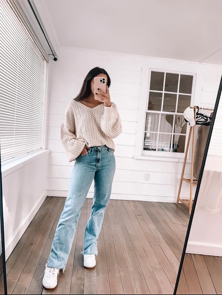 V-neck Sweater with Relaxed Fit Jeans
