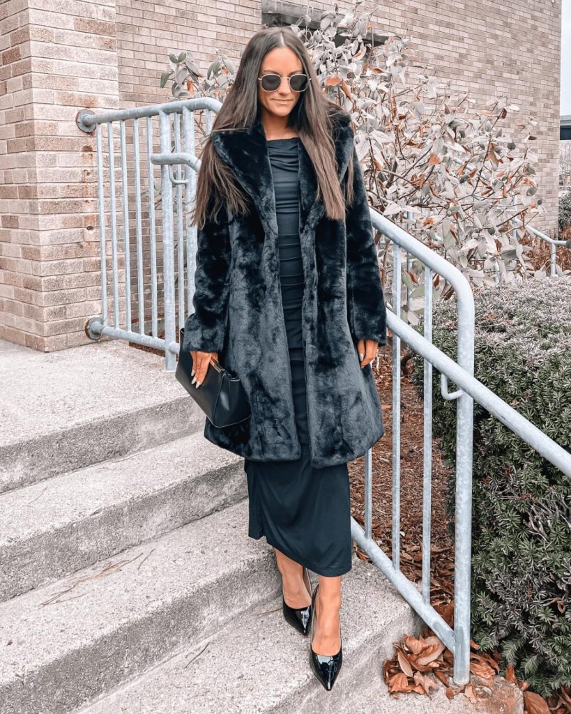Faux Fur Coat with Dress and Heels