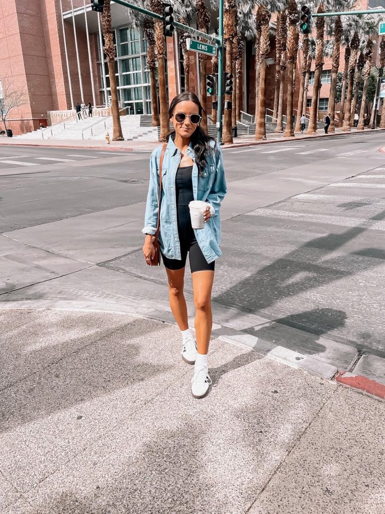 Denim Shirt with Athletic Romper Denim Shirt with Athletic Romper and Sneakers