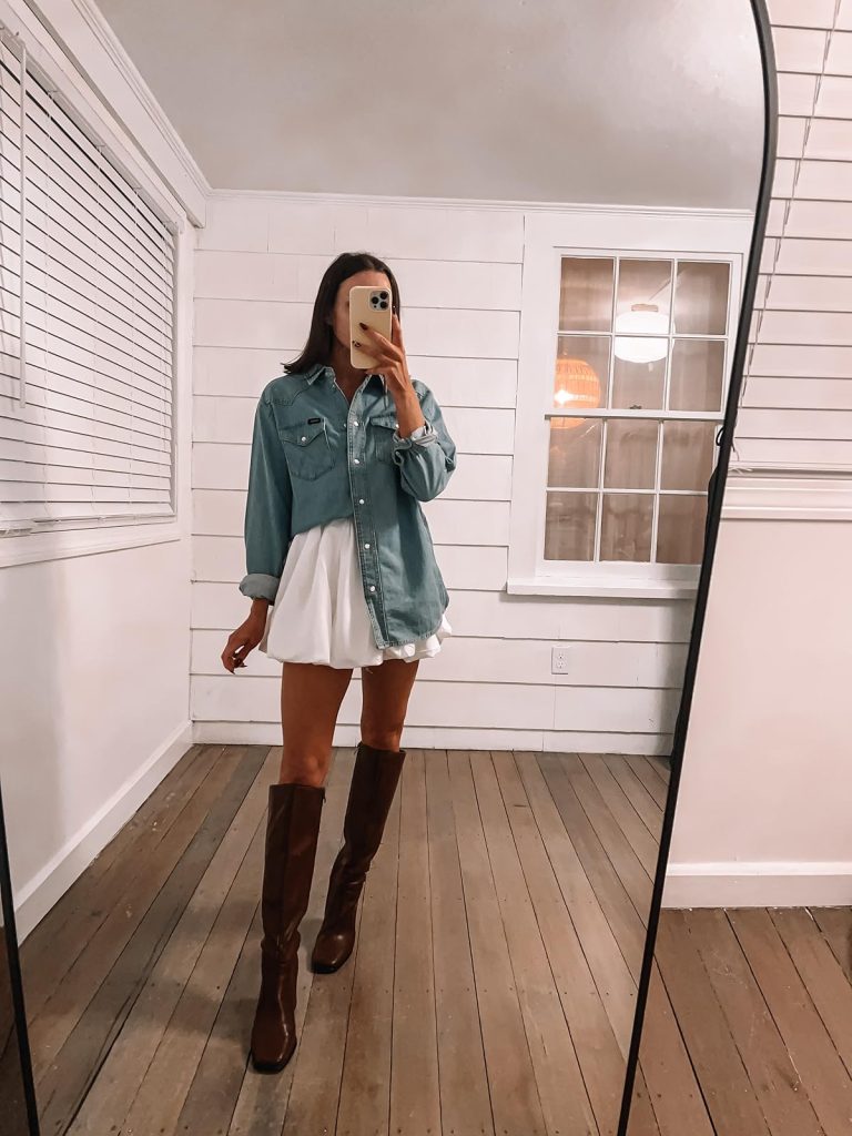 Denim Shirt with Ruffle Mini Skirt Denim Shirt with Ruffle Mini Skirt