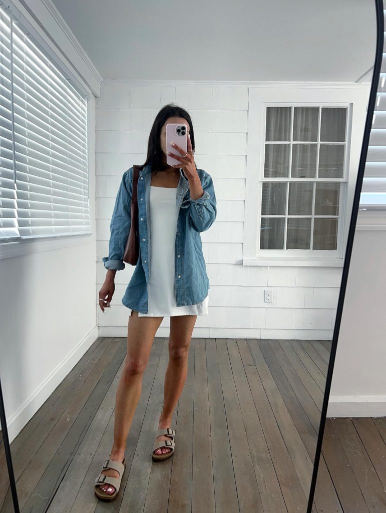 Denim Shirt with tennis dress How to Style a Denim Shirt with tennis dress