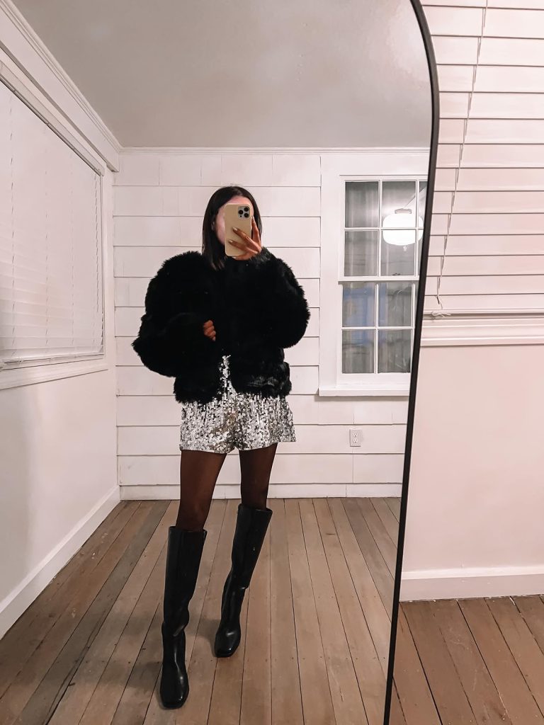 Faux Fur Coat with Sequin Shorts